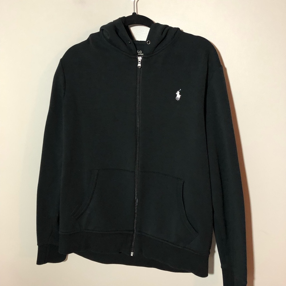 Polo Ralph Lauren men’s black full zip hoodie sweatshirt white pony sz L